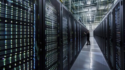 A conceptual representation of data processing with massive streams of glowing binary code flowing through intricate algorithms and large server stacks, with data engineers monitoring the process.