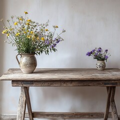 Rustic Floral Arrangement on Antique Wooden Table in Farmhouse Interior