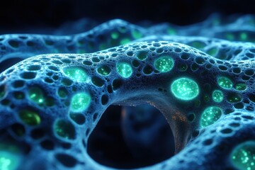 Abstract representation of cellular structures with glowing elements.