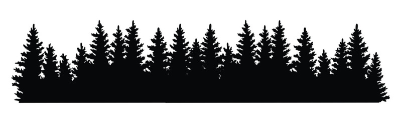 Fir trees silhouette Coniferous spruce horizontal background pattern black evergreen woods vector illustration beautiful hand drawn panorama with treetops forest