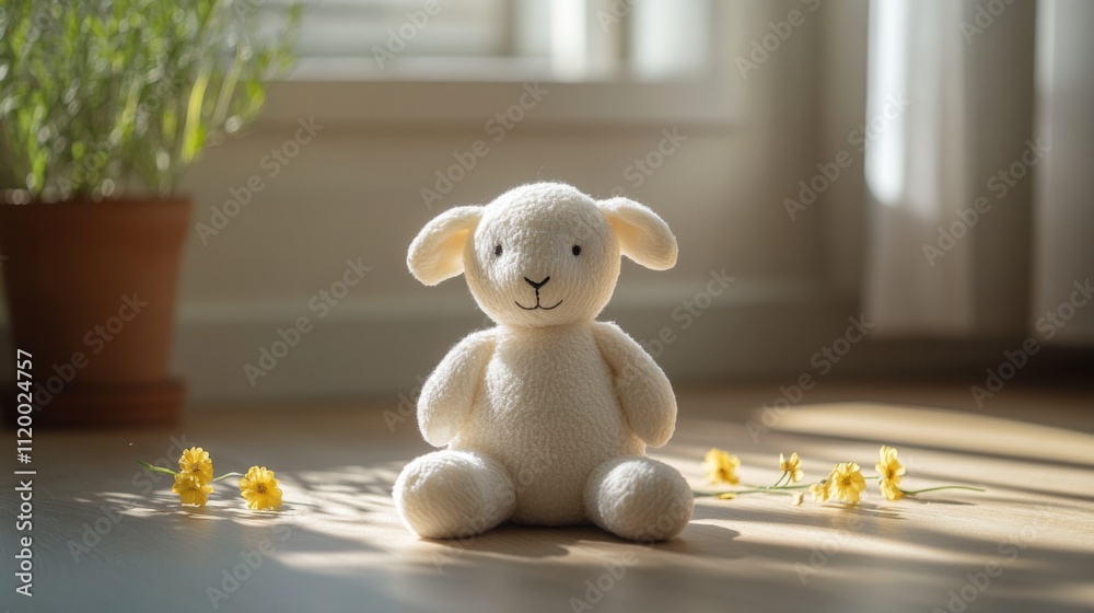 Poster a soft, white lamb toy is positioned in the center of a sunlit room. yellow flowers are scattered ar