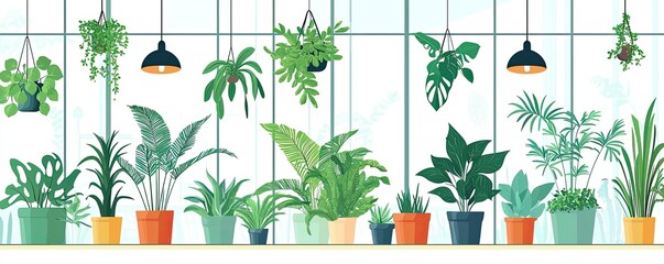 natural transpiration plants oxygen Lush indoor plants in colorful pots with hanging lights.