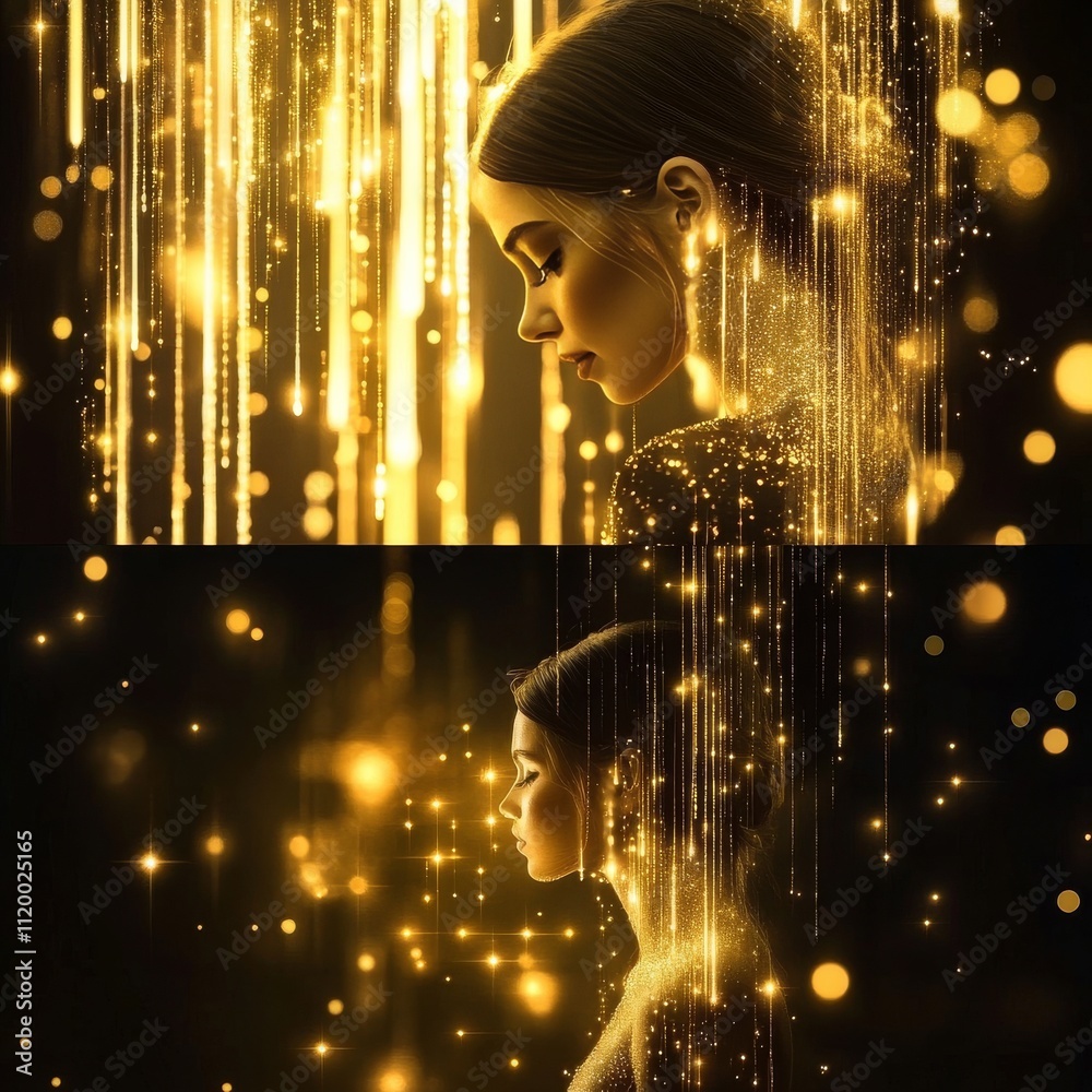Poster abstract elegant gold glowing line with lighting effect sparkle on black background. template premiu
