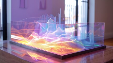 Fototapeta premium A creative visualization of data insights emerging from a glowing prism of information, revealing clear and actionable patterns in a complex data landscape.