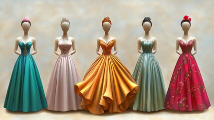 Obraz premium Five elegant ball gowns on mannequins, showcasing various colors and styles.
