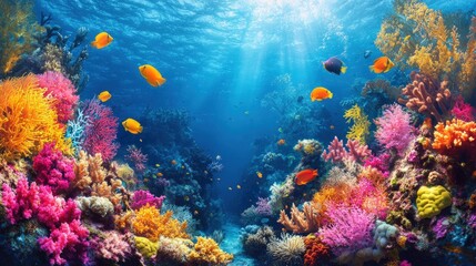 Vibrant coral reef teeming with colorful fish and sunlight.