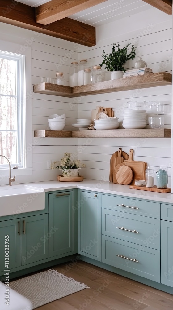 Wall mural This contemporary kitchen showcases mint green cabinets, open shelving filled with dishware, and a spacious farmhouse sink under bright natural light, enhancing its welcoming atmosphere