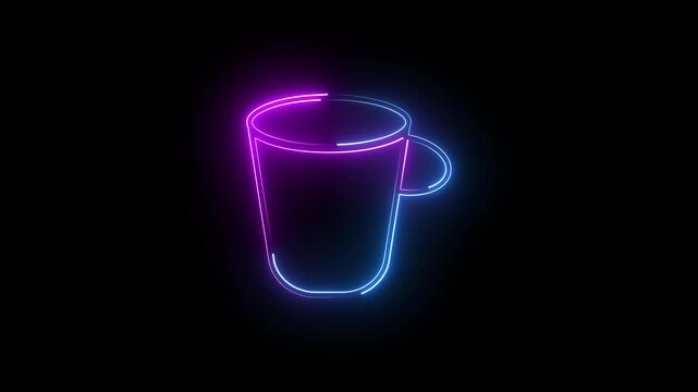 A neon tea cup icon features a glowing, stylized teacup with steam rising, symbolizing warmth, relaxation, and comfort. The vibrant neon glow adds a modern, inviting, and playful touch to the design.