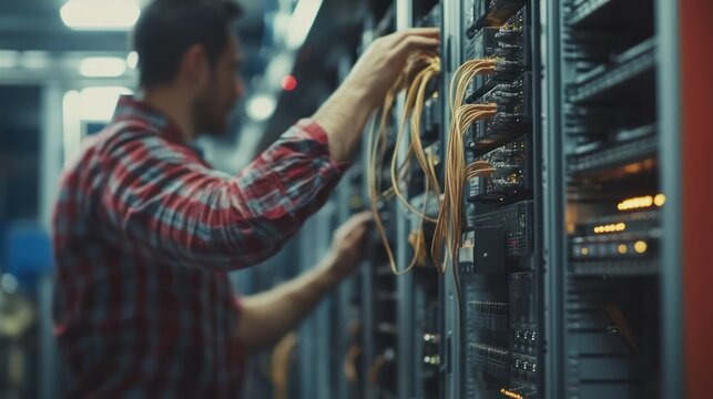 Technician working on server rack, connecting cables.