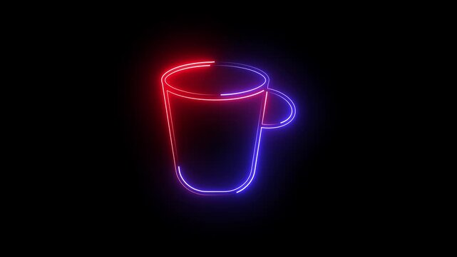 A neon tea cup icon features a glowing, stylized teacup with steam rising, symbolizing warmth, relaxation, and comfort. The vibrant neon glow adds a modern, inviting, and playful touch to the design.
