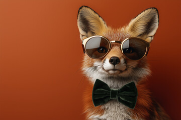 Obraz premium Stylish fox with sunglasses and green bow tie, hipster fashion concept, orange background, trendy animal portrait, modern wildlife art, fashionable accessories, personality and style, chic and bold