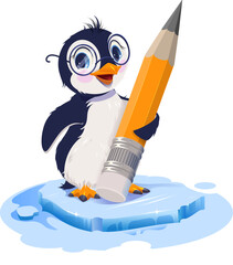 Bird penguin teacher with glasses holding big pencil. Vector cartoon illustration isolated on white