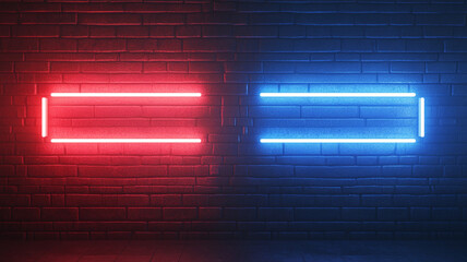 Neon lights in red and blue illuminate textured wall, creating vibrant contrast. glowing rectangles add modern touch to space, enhancing atmosphere