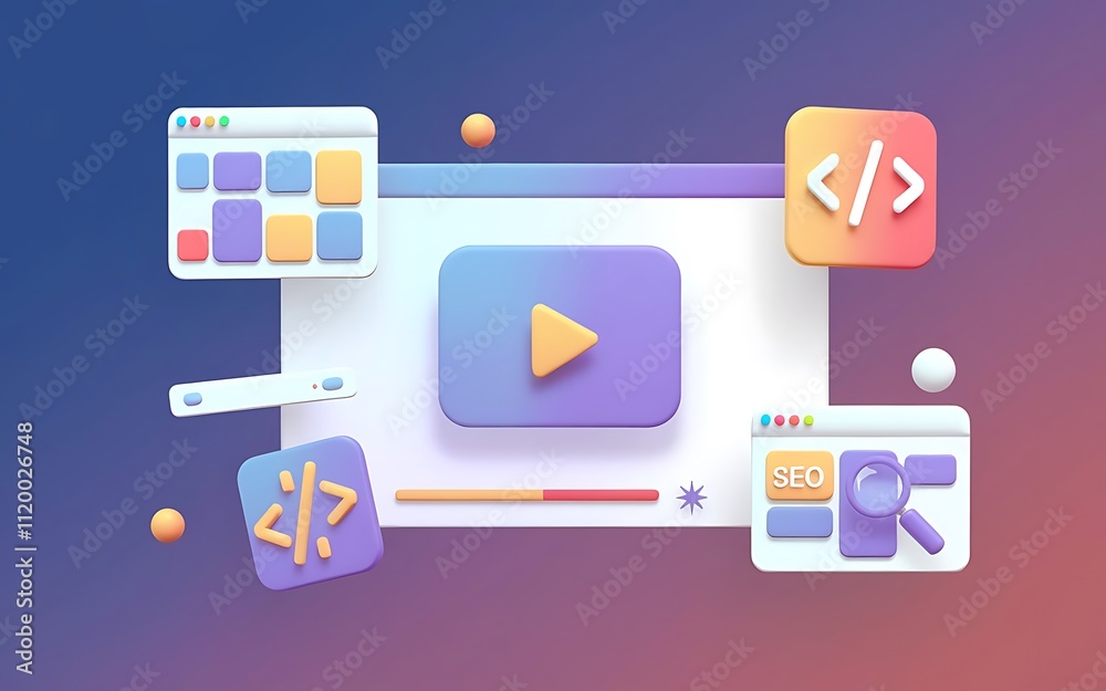 Fototapete 3D Web Vector Style Illustration of Video Player with Gallery, Coding, and SEO Icons