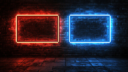 vibrant scene featuring two neon light frames, one red and one blue, against textured brick wall. contrasting colors create striking visual effect in dark environment