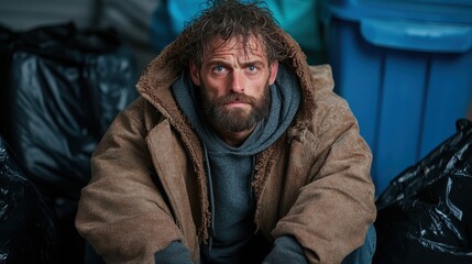 Fototapeta premium A man clad in a thick coat and hoodie sits outdoors next to garbage bags, bracing against cold weather, depicting resilience and survival in a tough environment.
