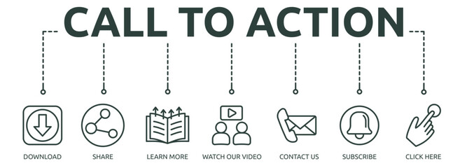 Printcall to action outline banner icon of download, share, learn more, watch our video, contact us, subscribe, click here