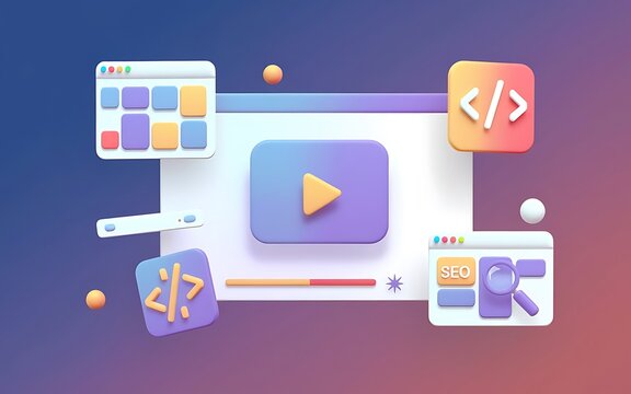 3D Web Vector Style Illustration of Video Player with Gallery, Coding, and SEO Icons