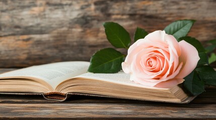 A soft pink rose rests delicately on an open book, revealing yellowed pages and textured edges. The rustic wooden surface adds warmth to this serene, inviting setting.