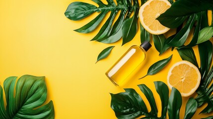 Fototapeta premium Tropical essential oil with lemon slices and green leaves