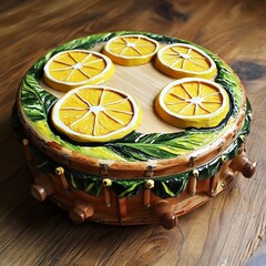 Vibrant Citrus Slices Arranged on Rustic Wooden Surface with Leafy Garnish