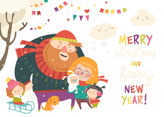 Winter fun. Happy family at winter vacation. Vector greeting card
