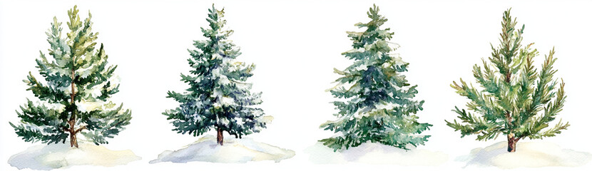 Winter pine trees in watercolor style, showcasing various shapes and snow covered branches, evoke serene and peaceful winter atmosphere