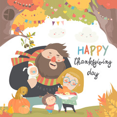 Obraz premium Vector illustration of a cartoon happy family celebrating Thanksgiving Day. Isolated white background