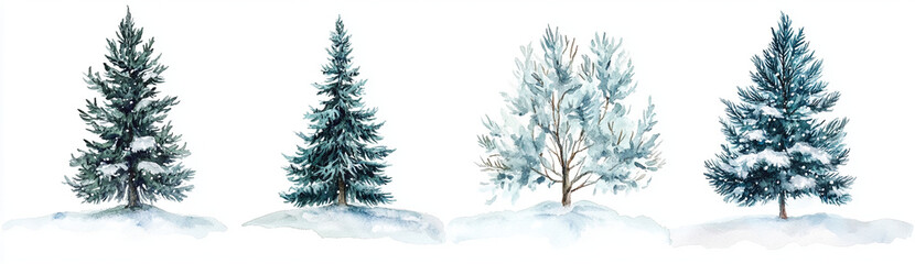 Watercolor winter pine trees in various styles, showcasing their beauty in snowy landscape. Perfect for seasonal decor and nature themed designs