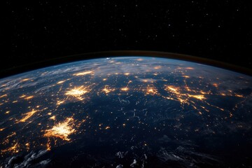 Obraz premium An impressive depiction of Asia at night from space, showcasing the glowing urban lights and the intricate web of connectivity highlighting human achievement.