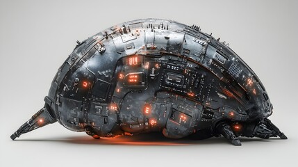 Futuristic Spaceship Concept: A sleek and enigmatic spacecraft, its metallic hull adorned with intricate circuitry and glowing red lights, suggests advanced technology and interstellar exploration.  