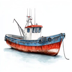 Fototapeta premium Vintage Watercolor Fishing Boat. Simple Clipart Design for Coloring Books with Clean Edges and Soft Fill on White Background.