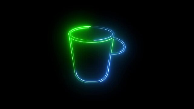 A neon tea cup icon features a glowing, stylized teacup with steam rising, symbolizing warmth, relaxation, and comfort. The vibrant neon glow adds a modern, inviting, and playful touch to the design.