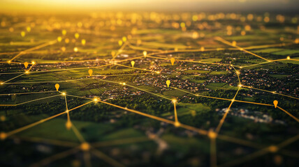 network of digital connections connecting various locations in vibrant landscape, showcasing integration of technology and nature. golden hues enhance visual appeal