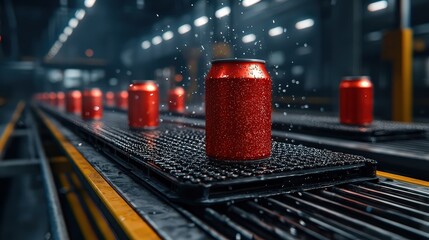 Beverage can compression process industrial factory digital animation modern machinery close-up view innovative technology