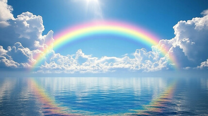 rainbow arching over ocean reflects beautifully in calm water, surrounded by fluffy clouds and bright blue sky, creating serene and uplifting atmosphere