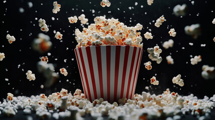 red and white striped bucket of popcorn surrounded by flying popcorn kernels creates fun and dynamic scene. Perfect for movie nights and snack time!