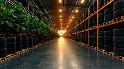 Fototapeta premium Processing of rubber tires in a warehouse industrial facility dynamic graphic clean environment perspective innovative concepts