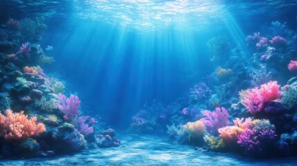 Fototapeta premium Vibrant coral reef underwater scene with sunbeams.