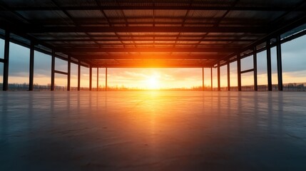 A vacant steel structure stands underneath a vibrant sunset, highlighting the beauty of modern architecture through dramatic lighting and open spaces.