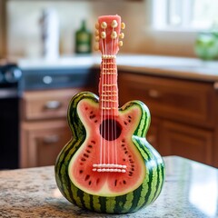 Watermelon Carved Into A Playful Guitar Shape On Kitchen Counter