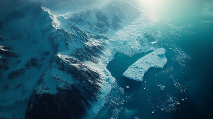Breathtaking Aerial View of Icebergs and Snow-Capped Mountains in a Coastal Landscape