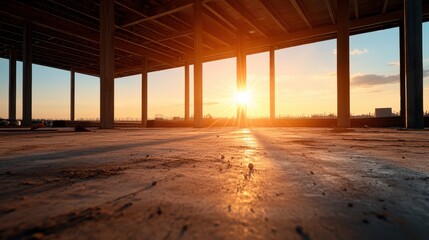 The incomplete steel building frame casts long shadows as the sun sets, providing a dramatic contrast between light and dark, symbolizing growth and potential.