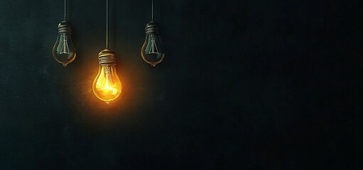 row of light bulbs with one glowing bright, illuminating dark space. contrast creates warm and inviting atmosphere, perfect for various settings