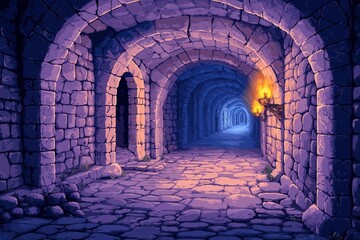 Mysterious Medieval Dungeon with Stone Arches and Flickering Torchlight
