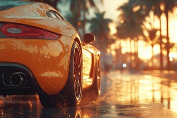 A vibrant orange sports car parked on a wet street at sunset, surrounded by palm trees.