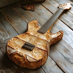 Weathered Handmade Acoustic Guitar on Rustic Wooden Surface