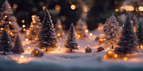 snowy landscape featuring miniature Christmas trees and houses, illuminated by warm lights, creating cozy and festive atmosphere
