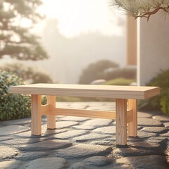 Wooden Bench in Peaceful Outdoor Garden Setting with Sunlight and Shadows