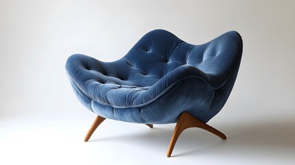 A blue velvet armchair with wooden legs, against a white background